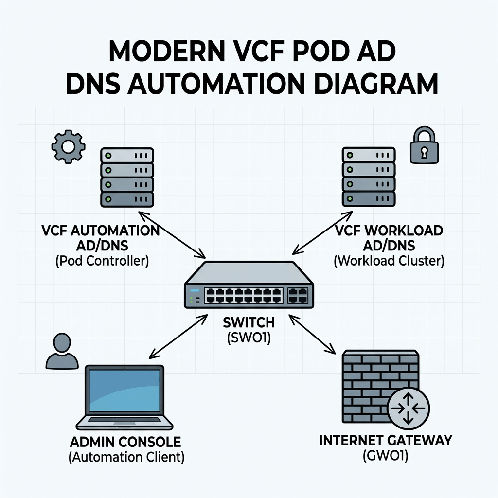 Hand-drawn diagram showing DC01, SRV01, CL01, and Internet Gateway connected to a central switch.